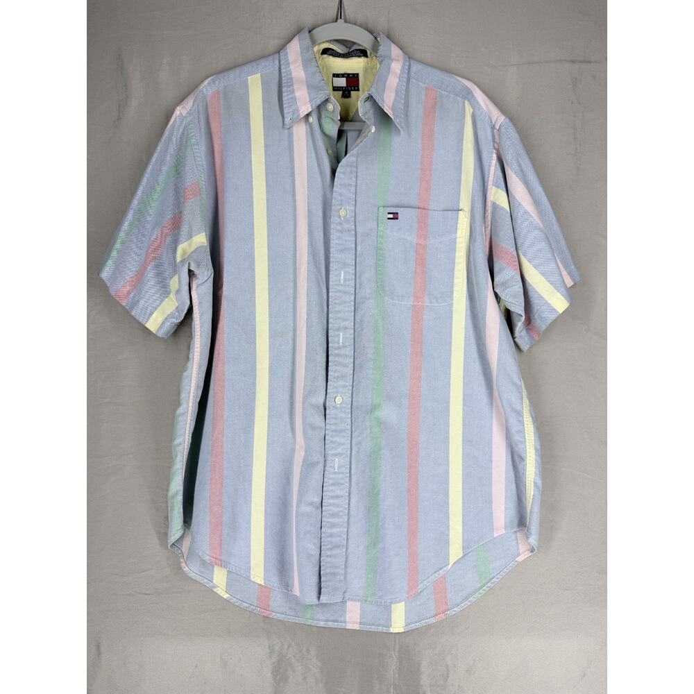 Tommy Hilfiger Summer Short Sleeve Button Shirt Colorful Stripes Mens Medium M